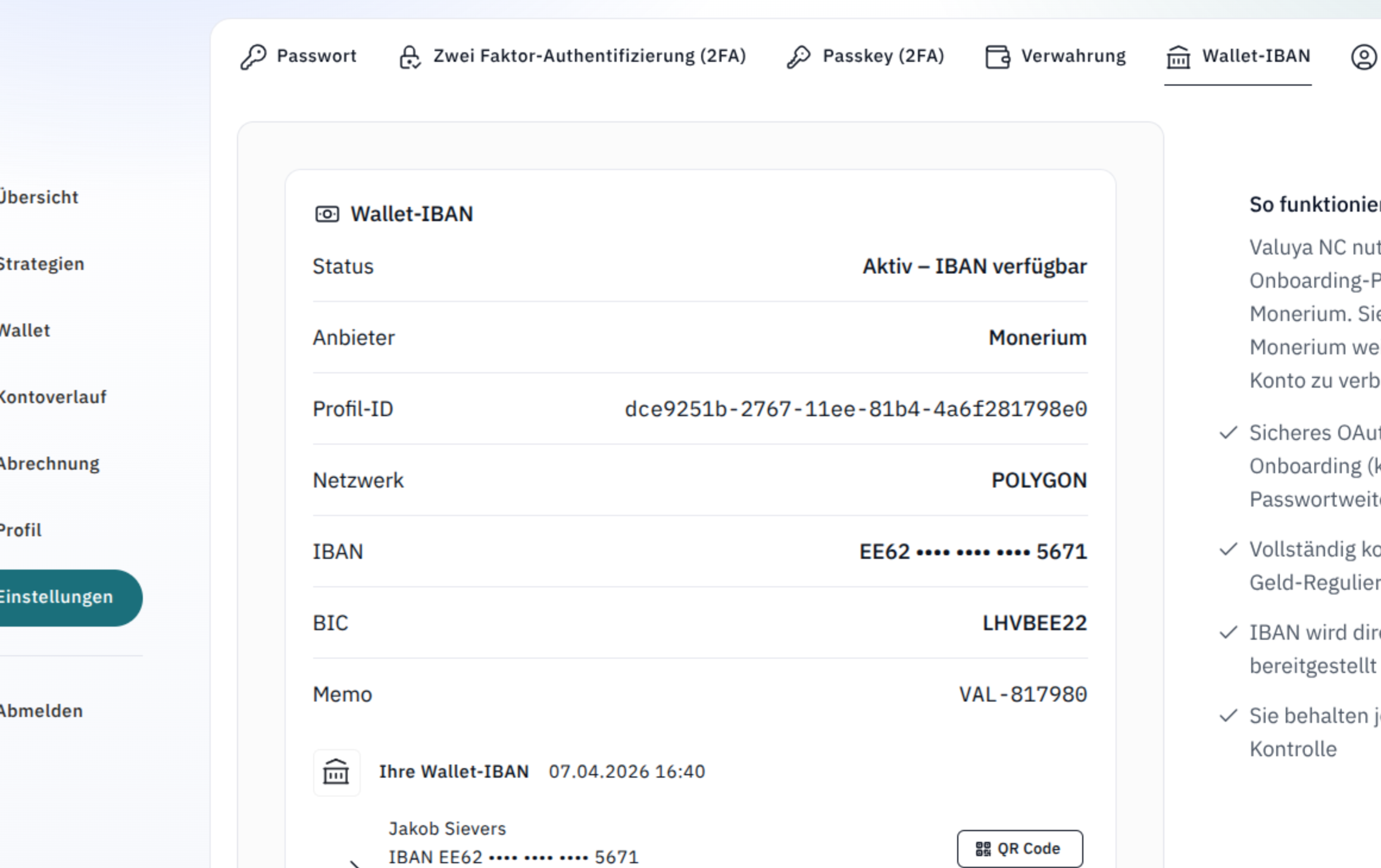 Bankkonto- und Wallet-Ansicht in Valuya NC