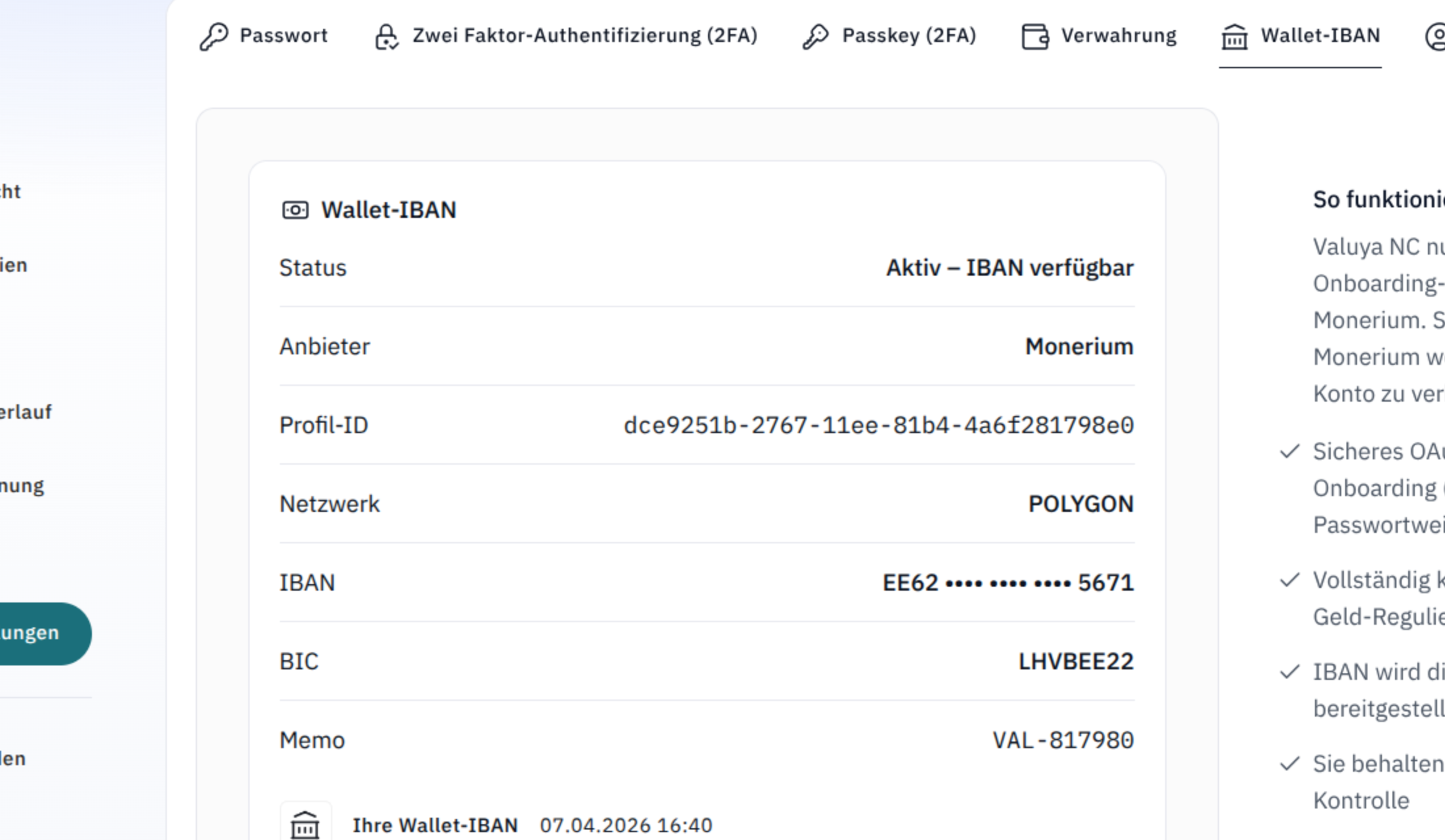 Wallet- und Banking-Verbindung in Valuya NC