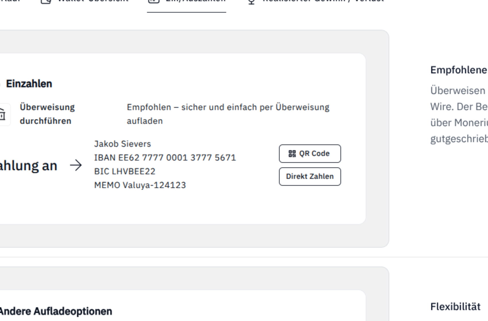 Einzahlungsansicht in Valuya NC